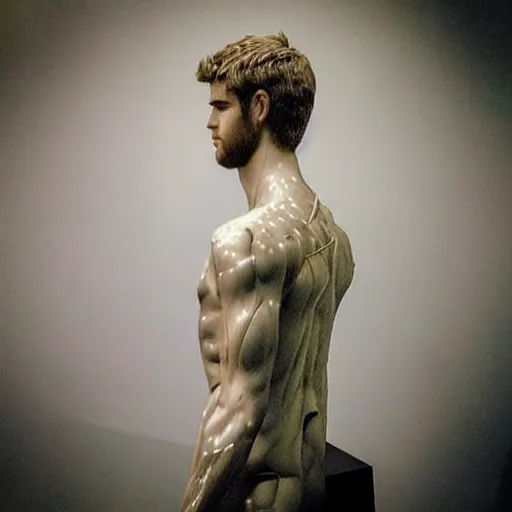 Image similar to “ a realistic detailed photo of a guy who is an attractive humanoid who is half robot and half humanoid, who is a male android, actor liam hemsworth, shiny skin, posing like a statue, blank stare, at the museum, on display ”