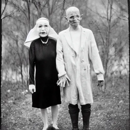 Prompt: portrait of alien beings from the 1920s, 85mm, by Diane Arbus, black and white, bokeh