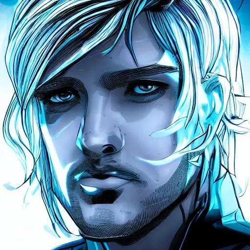 Prompt: man portrait made out of ice, beautiful, cyborg, comic book art, blond hair, neon, highly detailed