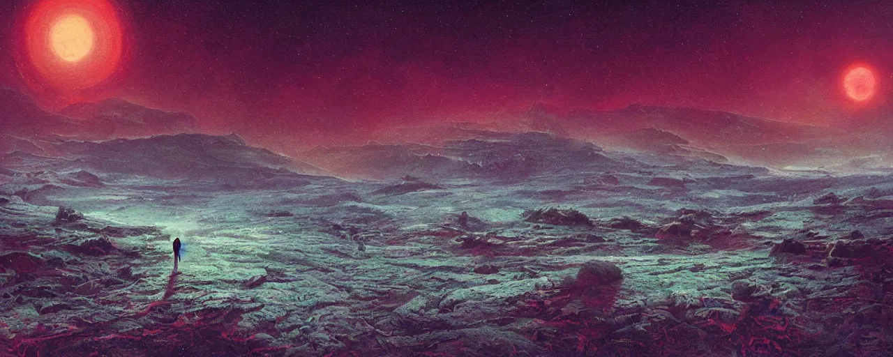 Image similar to ” barren landscape at night, [ cosmic, cinematic, detailed, epic, widescreen, opening, establishing, mattepainting, photorealistic, realistic textures, octane render, art by slop and paul lehr ] ”