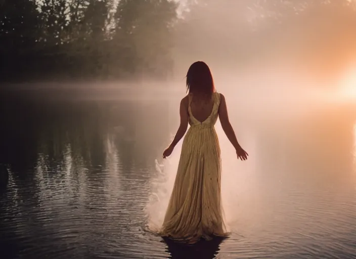 Image similar to a 2 8 mm holga photo of a woman in a formal gown emerging from a lake, misty, morning, splash art, movie still, bokeh, canon 5 0 mm, cinematic lighting, dramatic, film, photography, golden hour, depth of field, award - winning, anamorphic lens flare, 8 k, hyper detailed, 3 5 mm film grain