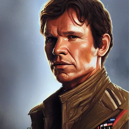 Image similar to portrait of a Man by Greg Rutkowski, Han Solo as an Admiral of the Galactic Alliance, he is about 70 years old, wearing military navy uniform of the Galactic Alliance, Star Wars Expanded Universe, highly detailed portrait, digital painting, artstation, concept art, smooth, sharp foccus ilustration, Artstation HQ