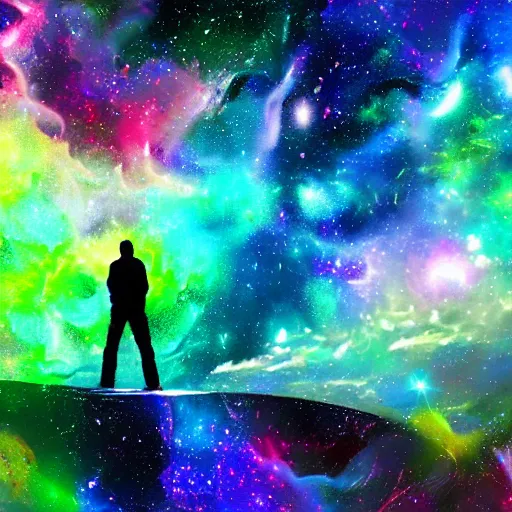 Prompt: A man that has become one with the galaxy, space, vibrant, colorful, digital art, peaceful,