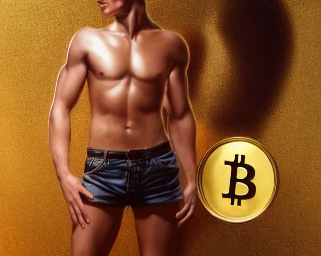Prompt: attractive oiled up glossy man posing in front of a huge golden bitcoin, angelic light, commercial by annie liebovitz, tom finland, gaston bussiere, craig mullins, j. c. leyendecker, photorealistic, trending artstation, 8 k, smooth