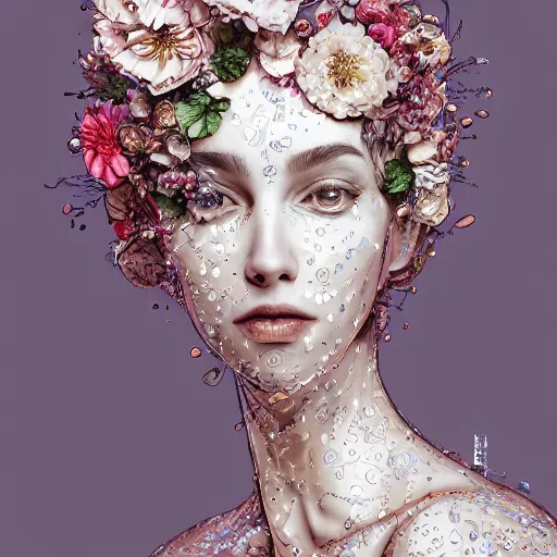 Image similar to the portrait of an absurdly beautiful, graceful, elegant, sophisticated, fashionable young woman made of strawberries and white petals with tears, an ultrafine hyperdetailed illustration by kim jung gi, irakli nadar, intricate linework, bright colors, octopath traveler, final fantasy, unreal engine 5 highly rendered, global illumination, radiant light, detailed and intricate environment