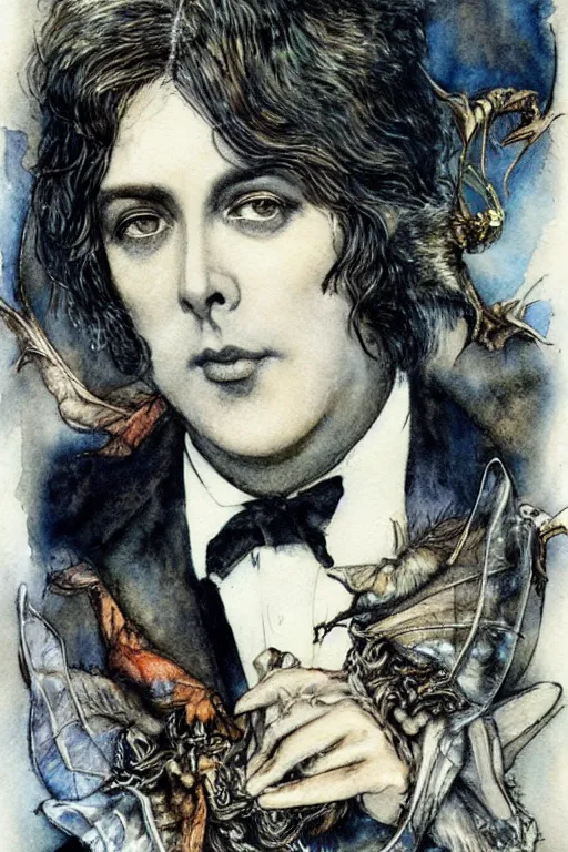 Prompt: oscar wilde realistic portrait closeup surrounded by bat wings, art by luis royo and walter crane and kay nielsen, watercolor illustration,