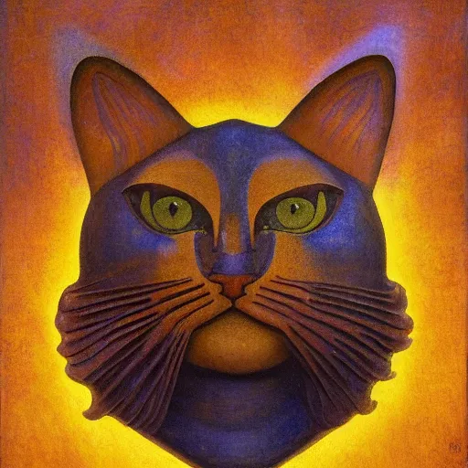 Prompt: cloisonne cat head sculpture, by annie swynnerton and diego rivera and nicholas roerich and jean delville, symbolist, dramatic lighting, god rays, art brut, rich colors, smooth, sharp focus, extremely detailed, adolf wolfli, by janet fish and ( donato giancola and bilibin )