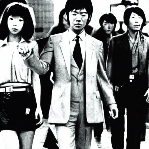 Image similar to 1 9 7 0 s japanese tv show, bw, sci - fi, tsukamoto, mechanical inhuman monsters walking the streets of shinjuku,