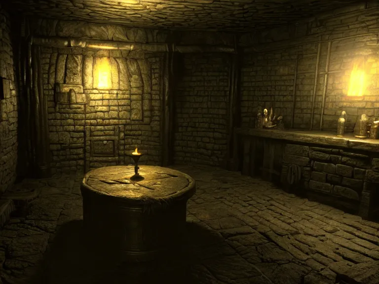 Image similar to delicious torch lit prison dungeon jail cell atmospheric unreal engine hyperreallistic render 8k character concept art masterpiece screenshot from the video game the Elder Scrolls V: Skyrim