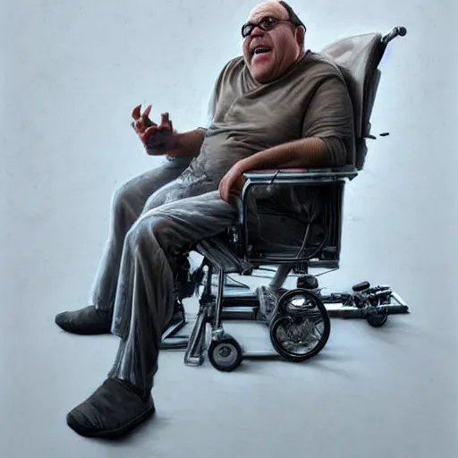 Image similar to hyperrealistic mixed media high resolution painting of a quadriplegic Danny DeVito, stunning 3d render inspired art by István Sándorfi and Greg Rutkowski and Unreal Engine, perfect facial symmetry, dim volumetric lighting, 8k octane beautifully detailed render, full body shot, post-processing, extremely hyper-detailed, intricate, epic composition, highly detailed attributes, highly detailed atmosphere, cinematic lighting, masterpiece, trending on artstation, very very detailed, masterpiece, stunning, flawless structure, lifelike texture, perfection,