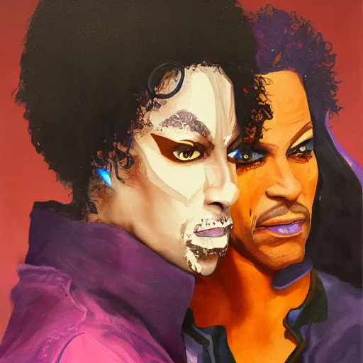 Image similar to a messy painting of Prince. Jealousy. Twin sisters. Trending on ArtStation