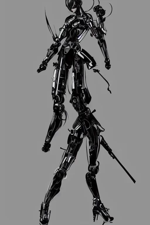 Image similar to fashion robot character design by yoji shinkawa, sharp lines, highly detailed, full body shot