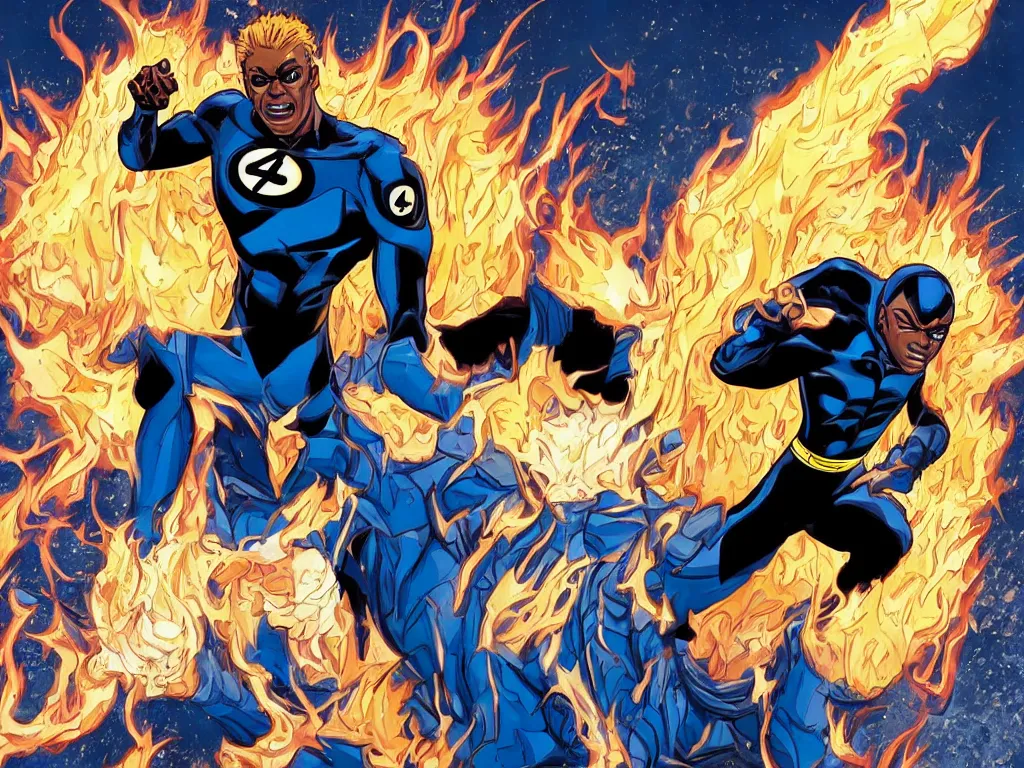 Image similar to dark skinned Johnny Storm young male superhero of the fantastic four, full body, flaming dreadlock hair, blue uniform with the number 4 on the chest in a round logo, cinematic, high detail, no imperfections, extreme realism, high detail, extremely symmetric facial features, no distortion, clean, also evil villians fighting in the background, by Stan Lee