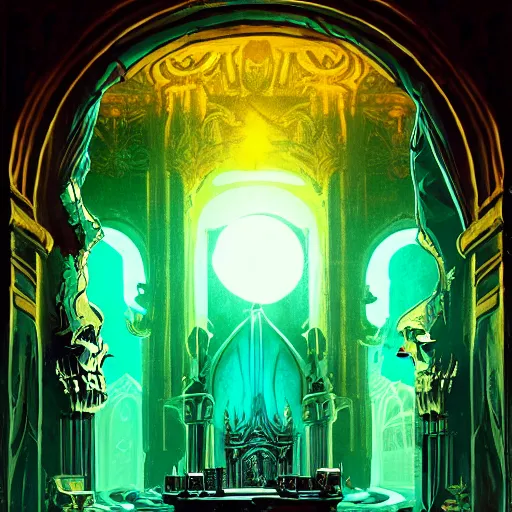 Prompt: Rafael Albuquerque comic art, The interior of an underwater city, insanely ornamented with baroque evil golden decorations, black ornaments, ominous devilish altar made of bones, blue neon light coming from the windows, mysterious atmosphere, octane