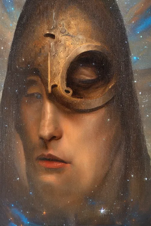 Image similar to hyperrealism oil painting, close - up portrait of face hiding in stingray medieval fashion model, knight, steel gradient mixed with nebula sky, in style of baroque mixed with 7 0 s book art