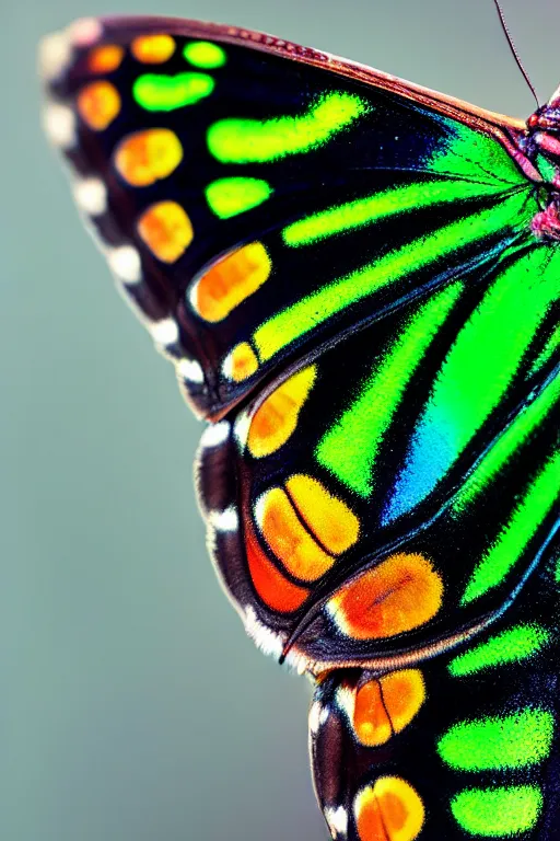 Image similar to high quality macro photo iridescent cecropia moth! jeweled gorgeous! highly detailed concept art david ligare elson peter cinematic neon lighting high quality low angle hd 8k sharp shallow depth of field