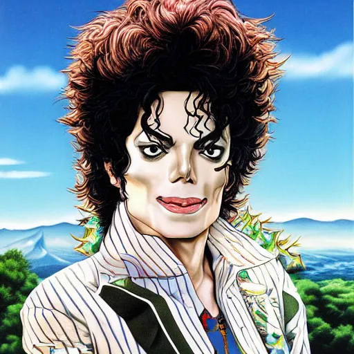 Prompt: a portrait of Michael Jackson in a scenic environment by Hirohiko Araki, JoJos bizarre adventure cover art, hyperdetailed