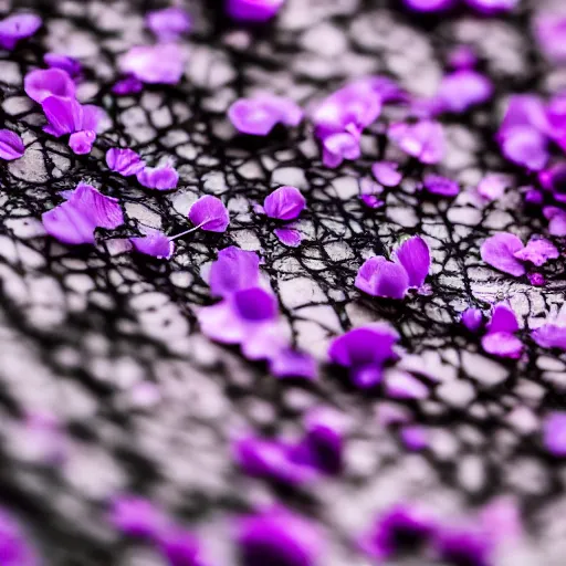 Image similar to closeup photo of purple flower petal flying above a city, aerial view, shallow depth of field, cinematic, 8 0 mm, f 1. 8