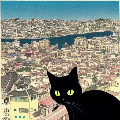 Image similar to a black cat girl looking out over a city, Miyazaki, studio ghibli