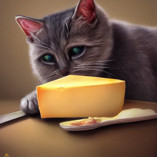 Prompt: Cat Jedi eating cheese, digital art, realistic, detailed, artstation