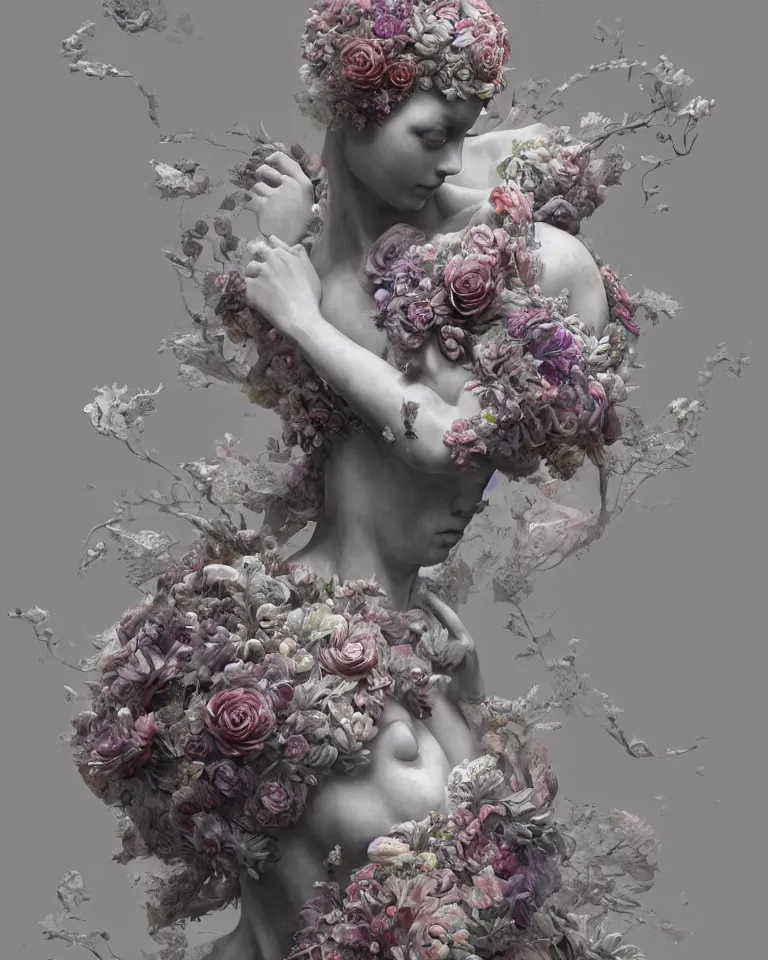 Prompt: a marble statue made of flowers made of mist, Andrew Ferez, Charlie Bowater, Marco Mazzoni, Seb McKinnon, Ryohei Hase, trending on cgsociety, featured on zbrush central, new sculpture, mystical