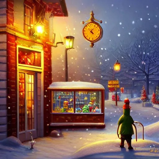 Image similar to toy shop,inspired by Evgeny Lushpin,winter,nighttime,cinematic,art station