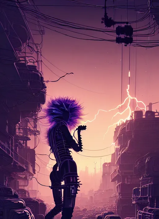 Prompt: highly detailed portrait of wasteland punk long curly neon white plasma electricity hair tribal lady, stray electric spark wiring by atey ghailan, james gilleard, by joe fenton, by greg rutkowski, by greg tocchini, by kaethe butcher, 4 k resolution, gradient yellow, black and white color scheme!!! ( ( lightning cloudy robotic dystopian city background ) )