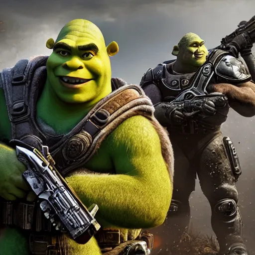 Image similar to Shrek in 'Gears of War', splash art, movie still, cinematic lighting, detailed face, dramatic, octane render, long lens, shallow depth of field, bokeh, anamorphic lens flare, 8k, hyper detailed, 35mm film grain