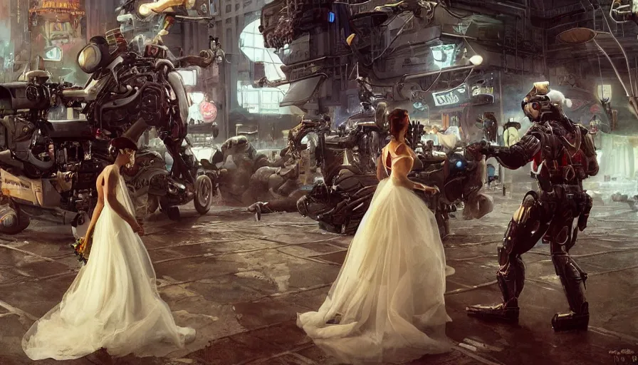 Prompt: A Norman Rockwell painting of cyborg wedding 2050s, amazing composition, cinematic lighting, high resolution, octane rendered, unreal engine, illustration, trending on artstation, masterpiece, 8k