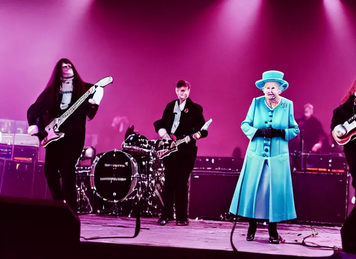 Image similar to publicity photo still of queen elizabeth in a death metal band playing live on stage, 8 k, live concert lighting, mid shot