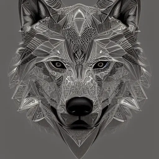 Prompt: Geometric Wolf, intricate, elegant, highly detailed, digital painting, artstation, concept art, smooth, sharp focus, illustration, art by artgerm