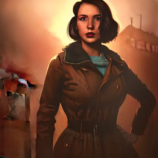 Image similar to fallout 5, charismatic brunette female protagonist, portrait, outdoors scene, somewhere in a low density rural town, retro rusted cars, atmospheric lighting, painted, intricate, volumetric lighting, beautiful, daytime, sunny weather, sharp focus, slightly desaturated, ultra detailed, by leesha hannigan, ross tran, thierry doizon, kai carpenter, ignacio fernandez rios