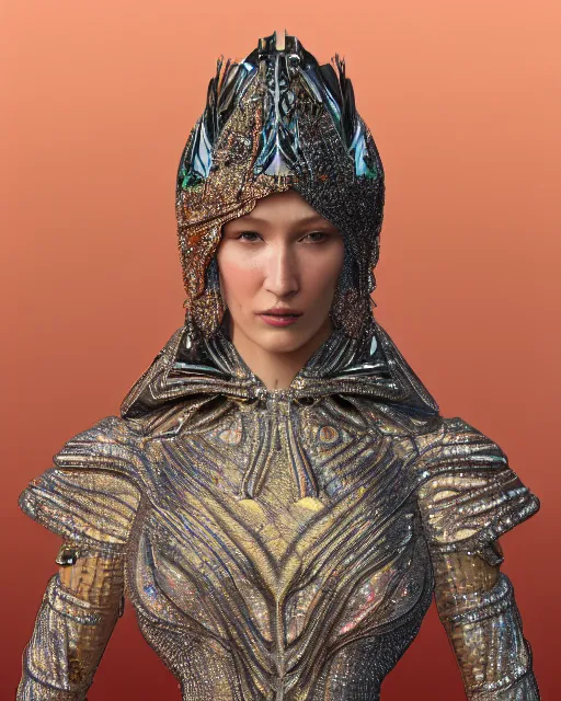 Prompt: a highly detailed metahuman 8 k close up render of bella hadid renaissance in iris van herpen dress schiaparelli in diamonds crystals swarovski and jewelry iridescent in style of alphonse mucha gustav klimt trending on artstation made in unreal engine 4