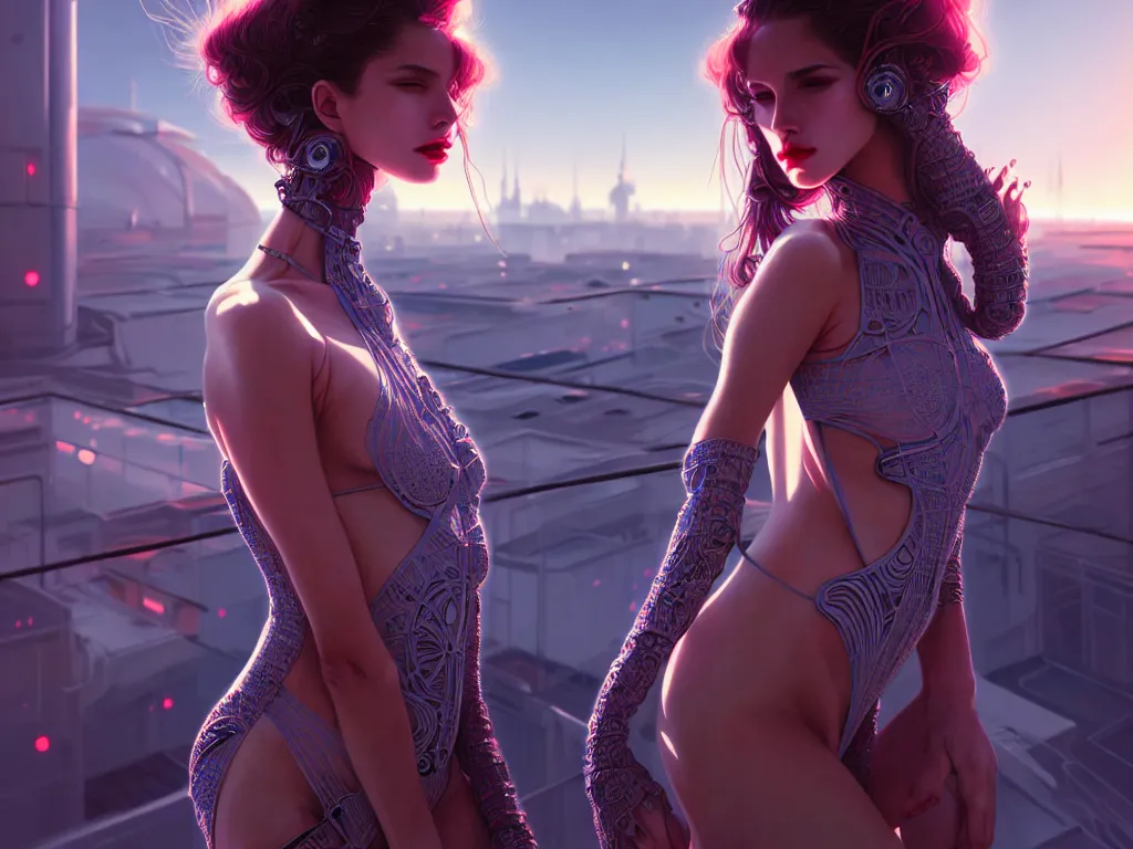 Image similar to portrait futuristic spain model girl, beautiful body, at future neon light rooftop, ssci - fi and fantasy, intricate and very very beautiful and elegant, highly detailed, digital painting, artstation, concept art, smooth and sharp focus, illustration, art by tan zi and ayanamikodon and alphonse mucha and wlop