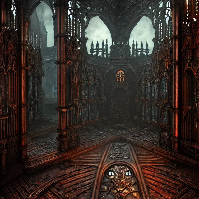 Image similar to steam necropolis, memento mori, gothic, neo - gothic, art nouveau, hyperdetailed copper patina medieval icon, stefan morrell, philippe druillet, ralph mcquarrie, concept art, steampunk, unreal engine, detailed intricate environment, octane render, moody atmospherics, volumetric lighting, ultrasharp, ominous, otherworldly