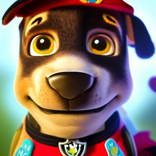 Image similar to marshall from paw patrol portrait, movie poster, 8 k, trending on artstation, octane render, fire and volumetric smoke and shadows in the background