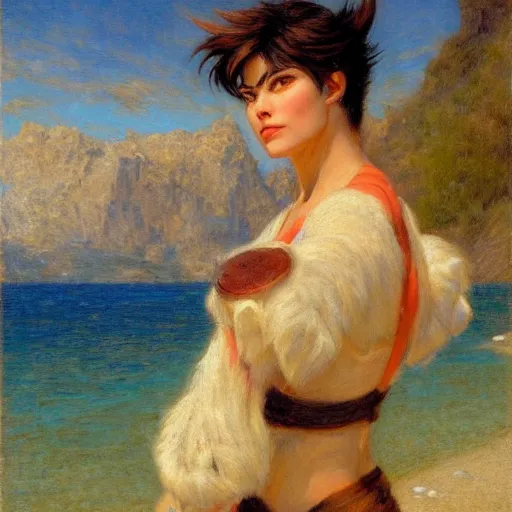 Prompt: Gaston Bussiere portrait of Tracer (Overwatch) swimming in the middle of a crystal clear lake