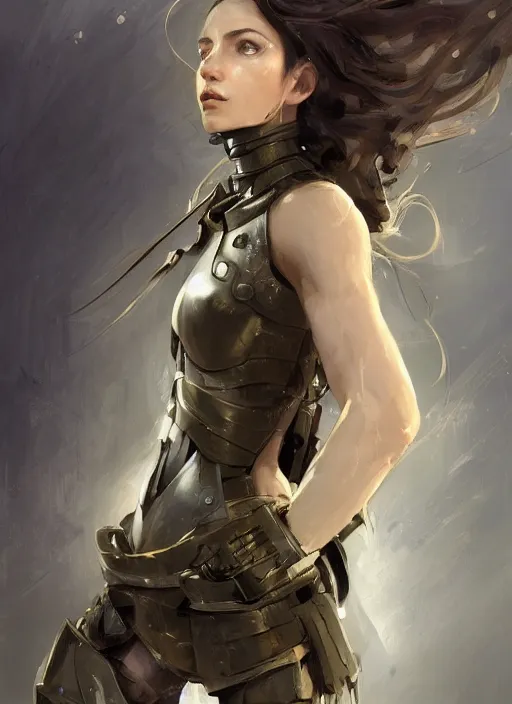 Prompt: a professional photographic portrait of a beautiful young female, clothed in battle armor, exposed waist, olive skin, long dark hair, beautiful bone structure, symmetrical facial features, intricate, elegant, digital painting, concept art, smooth, sharp focus, illustration, from Metal Gear, by Ruan Jia and Mandy Jurgens and Artgerm and William-Adolphe Bouguerea