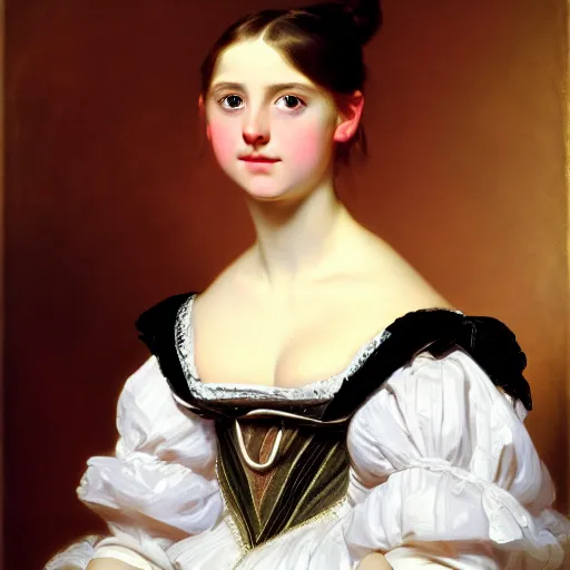 Image similar to portrait of a german teenage princess, circa 1 8 5 0 by franz xaver winterhalter, highly detailed, beautiful, oil on canvas, 1 8 5 0 s, romanticism