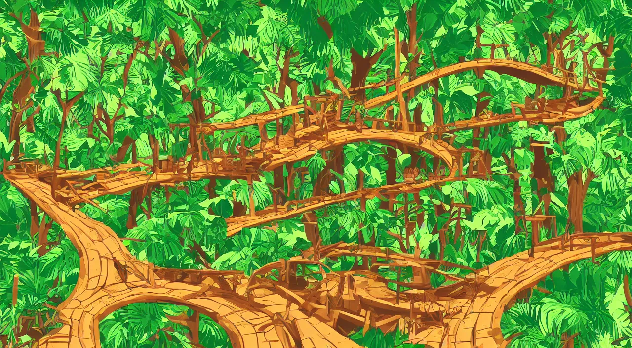 Image similar to vector graphics art of a jungle with treehouses connected by curved wooden bridges