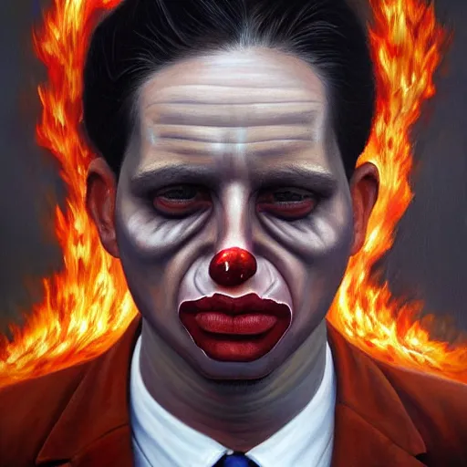 Image similar to a hyper realistic painting of a patient young man in a burning business suit, cloth is burning, full body painting, long shot, coherent symmetrical eyes, calm face, by jeffrey smith, by andrea kowch, by steve henderson, masterpiece, trending on artstation,