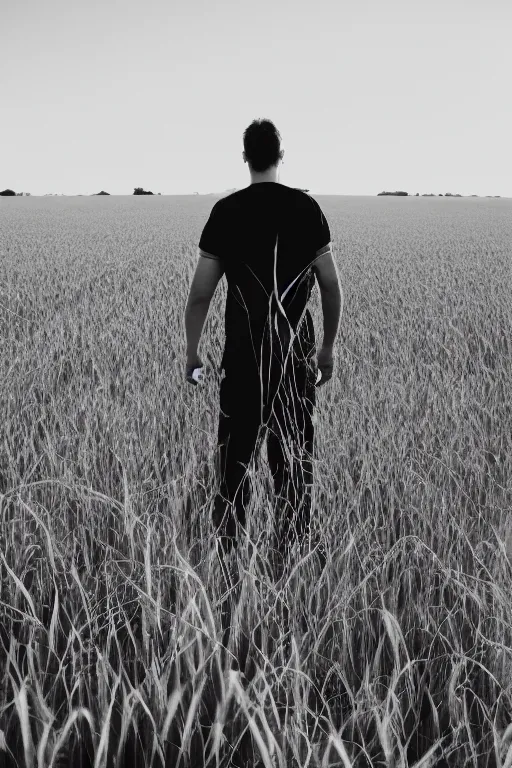 Image similar to agfa vista 4 0 0 photograph of a guy with intricate back tattoos standing in a wheat field, back view, lens flare, moody lighting, moody vibe, telephoto, 9 0 s vibe, blurry background, grain, tranquil, calm, faded!,