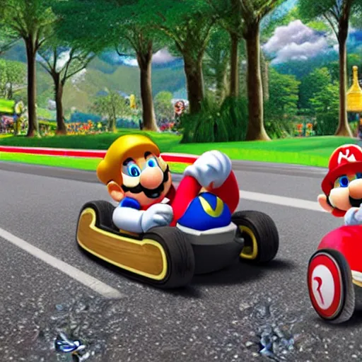 Prompt: mario kart in real life uncanny valley incredible photography photorealistic hyperrealism realistical lifelike