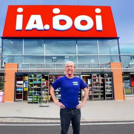 Image similar to a man in front of an aldi supermarket, terrified, in a terrifying pose, photo realistic