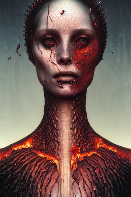 Prompt: gorgeous lilith the mother of all monsters, fire under her skin, ruby eyes, raining ash, fine art masterpiece, highly detailed dino valls wayne barlowe machiej kuciara, dramatic lighting, long shot, wide angle, uhd 8 k, sharp focus