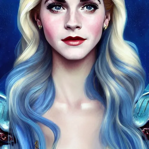 Image similar to A combination of Grace Kelly's and Emma Watson's and Katherine McNamara's faces with blue hair as She-Ra, western, D&D, fantasy, intricate, elegant, highly detailed, digital painting, artstation, concept art, matte, sharp focus, illustration, art by Artgerm and Greg Rutkowski and Alphonse Mucha