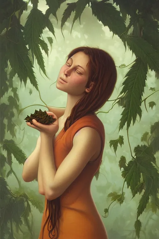 Image similar to a portrait of a girl get eating by cannabis vine art by christophe vacher