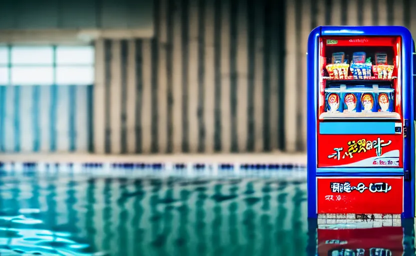 Image similar to photograph of Japanese vending machine in water of abandoned pool, one point perspective, 1-point perspective, tilt shift, sigma 85mm f/1.4, 4k, depth of field, high resolution, 4k, 8k, hd, full color