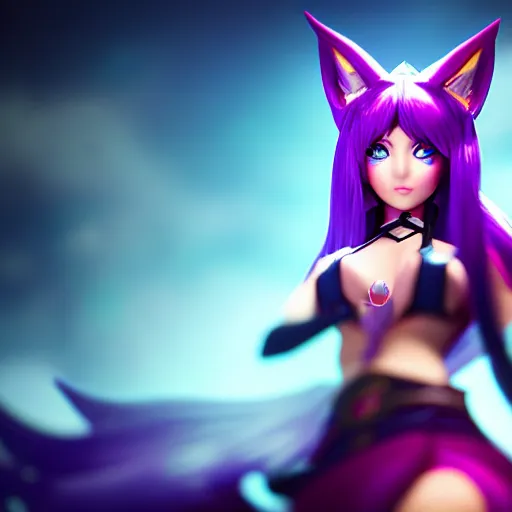 Image similar to Photo of Ahri from League of Legends, close-up, high detail, studio, fantasy, octane 3D, ominous background, sharp