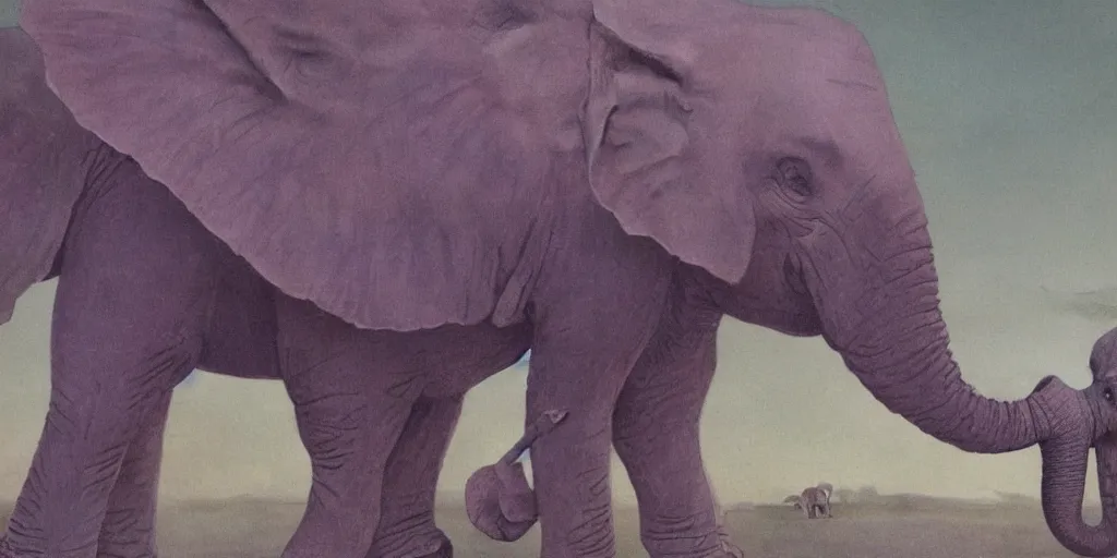 Image similar to a single purple elephant flying in the air like dumbo during a storm, close up of elephant with ground behind, illustration, detailed, smooth, soft, cold, by Adolf Lachman, Shaun Tan, Surrealism